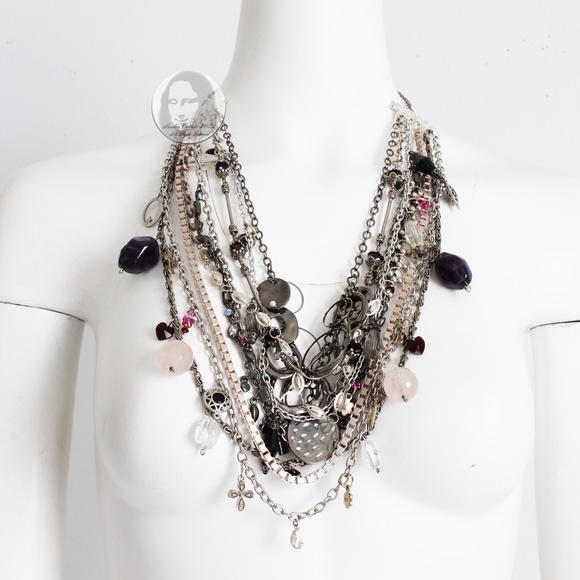 Chunky Necklace Multi-chain Quartz Crystals Charms Upcycled Artisan OOAK - Picture 2 of 9